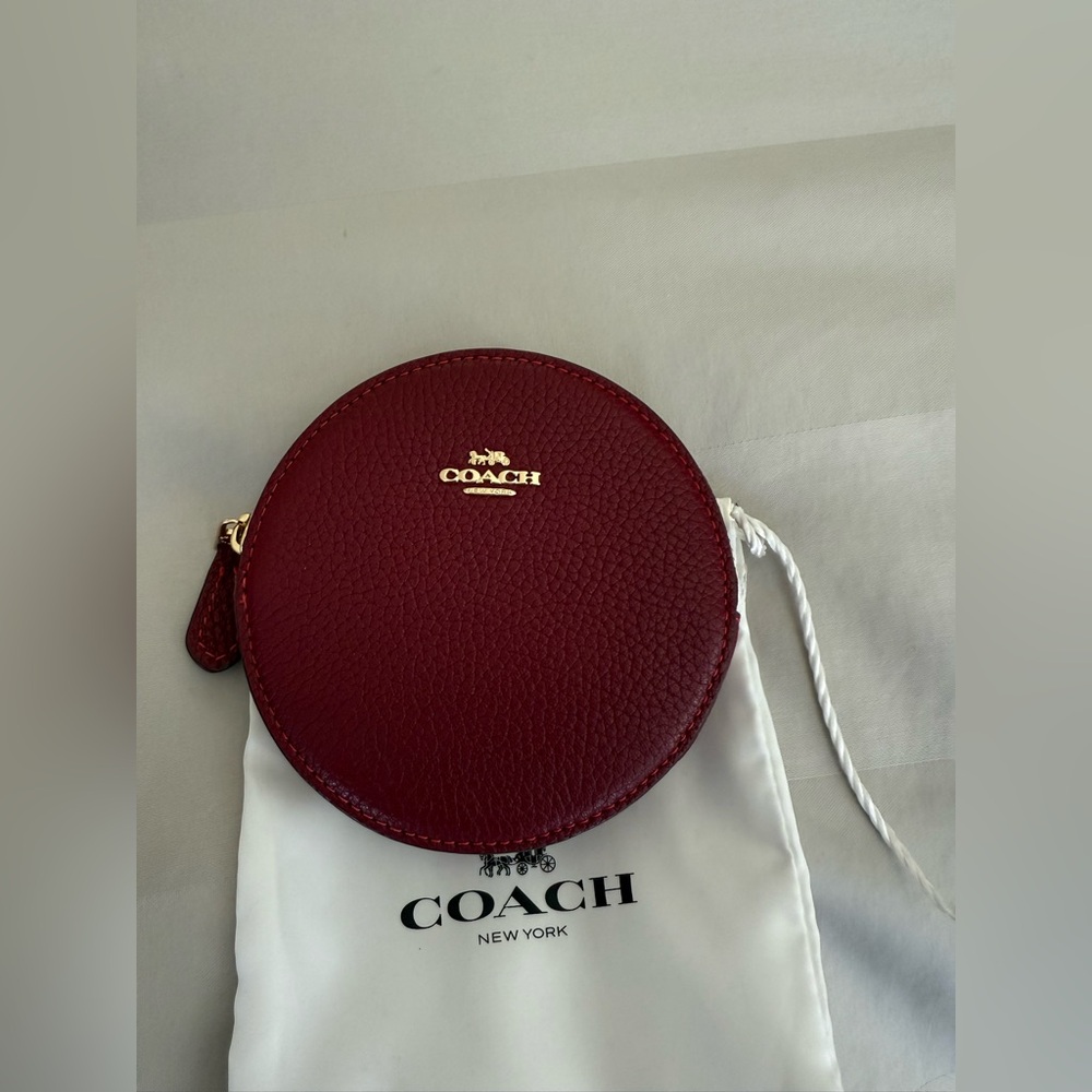 Coach Round Coin Case, red pebbled leather.